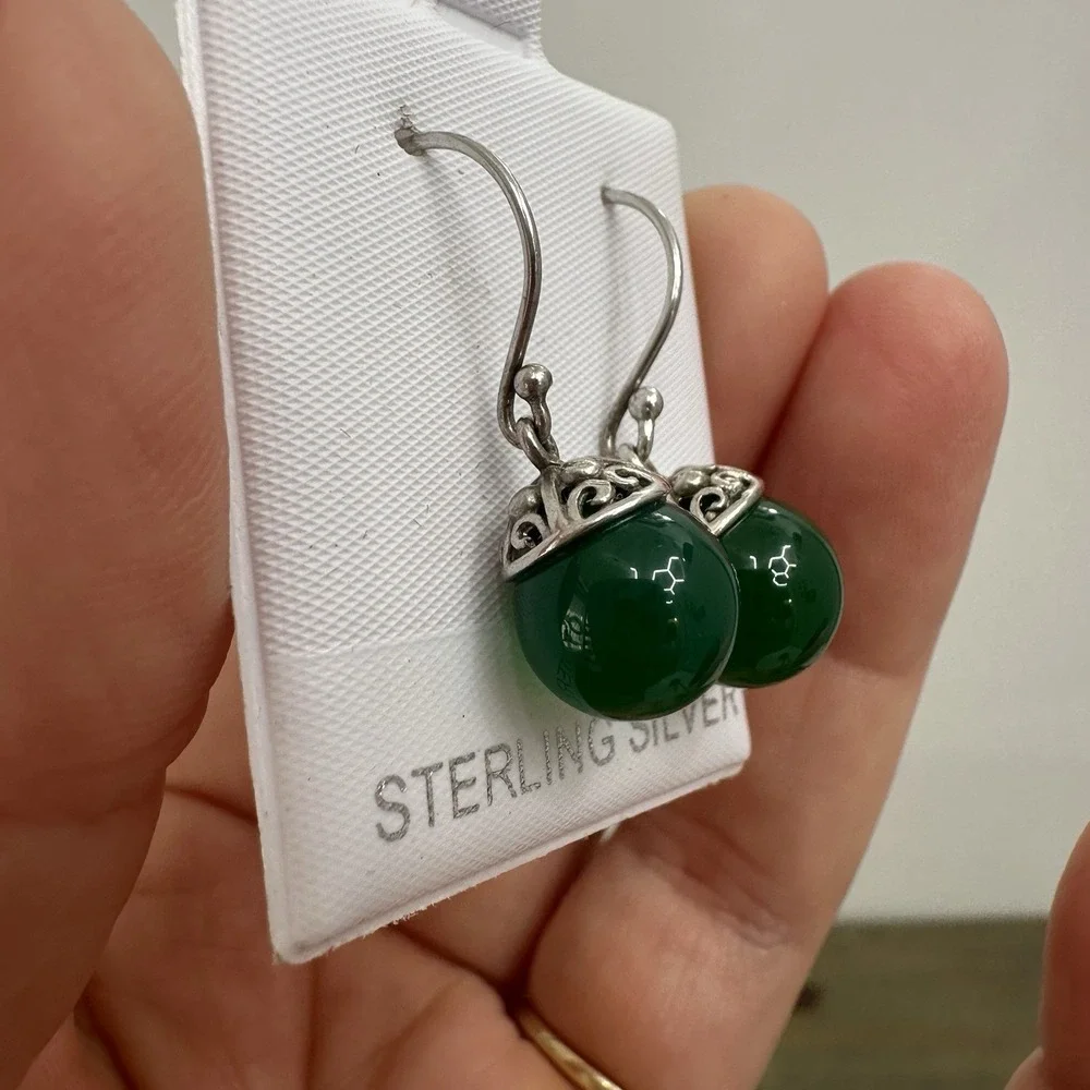 BBJ‎ Natural Green Jade Ball Gemstone 925 Sterling Silver Drop Earrings Filigree